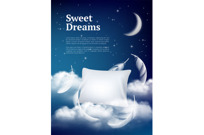 Night dream pillow. Advertizing poster with pillows clouds and feather