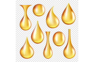 Oil transparent drops. Yellow liquid golden oil vector realistic colle