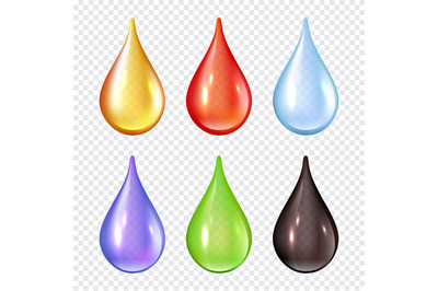 Colored drops. Splashes of paint liquid realistic vector illustrations