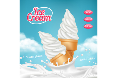 Ice cream ads. Natural frozen ice cream dessert with fruits vector rea