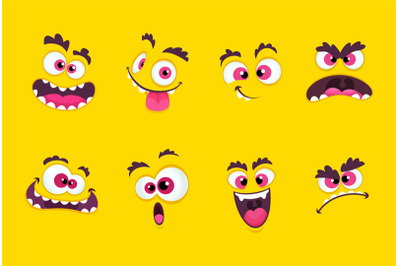 Cartoon faces. Emotions smirk expressions, smile mouth with teeth and