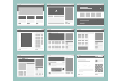 Web pages layout. Internet browser windows with website elements inter