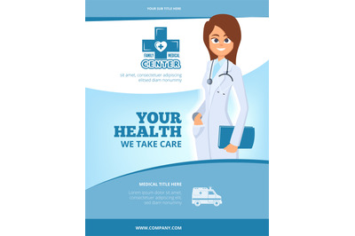 Advertising medical flyer. Brochure cover layout design with female do