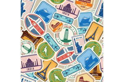 Travel pattern. Immigration stamps stickers with historical cultural o