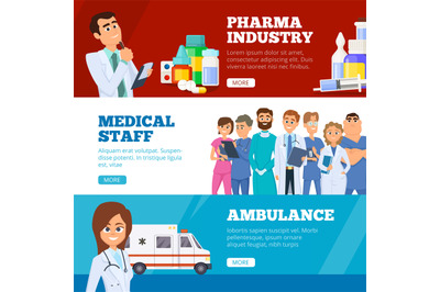 Medical banners. Doctors ambulance and pharma industry medicaments vec