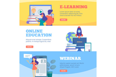 Online education banners. Webinar web school conference e learning dis