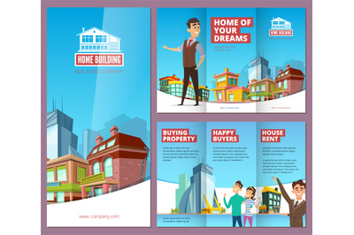 Real estate brochure. Printing banners with happy property buyers big