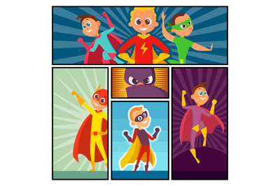 Superheroes banners. Kids heroes characters in action poses comic supe