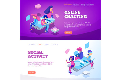 Chat landing. Virtual relationship people talking online devices smart