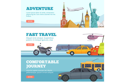 Travel banners. Globe adventure transport travellers landmarks london