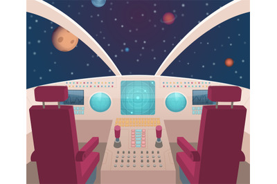 Spaceship cockpit. Shuttle inside interior with dashboard panel vector