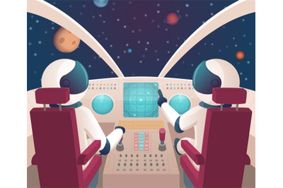 Pilots in spaceship. Shuttle cockpit with pilots in costumes vector ca