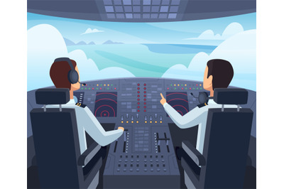 Airplane cockpit. Pilots sitting front of dashboard aircraft inside ve