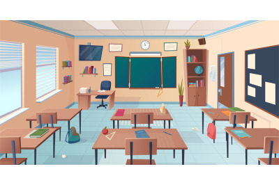 Classroom interior. School or college room with desks chalkboard teach