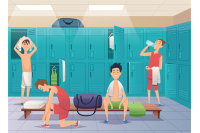 School locker room. Sport gym locker with kids in college vector carto