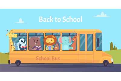 School bus. Zoo animals characters back to school on yellow bus vector