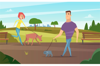 Pets walking. Animals happy owners outdoor in park running or cycling