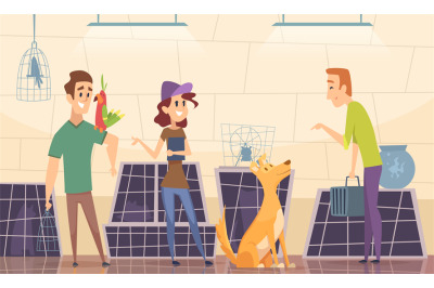 Animal shelter. Owners choose puppy dog in cage vector cartoon backgro