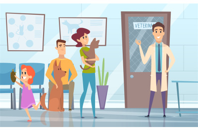 Professional veterinarian. Pets with their owners in reception at the