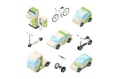 Eco transport. Cars electric scooter skate bikes gyrocopter bus isomet