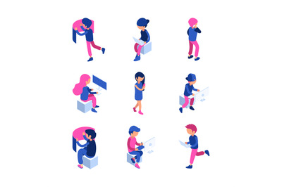 Isometric characters. Working people touching screen computer laptop i