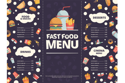 Fast food menu. Design template of restaurant menu with fast food flat