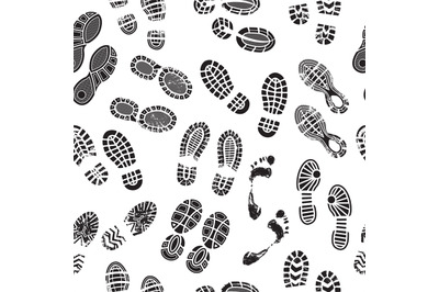 Footprints pattern. Male and female foots silhouettes human shoes walk