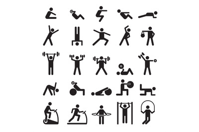 Fitness pictogram. Characters doing exercises sport figures vector ico