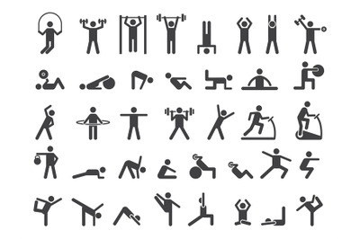 Fitness symbols. Sport exercise stylized people making exercises vecto