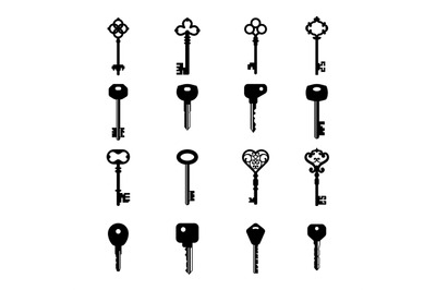 Key silhouette. House access old and modern key icons vector collectio