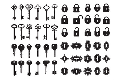 Keys and keyhole. Logo collection of modern and retro house keys secre