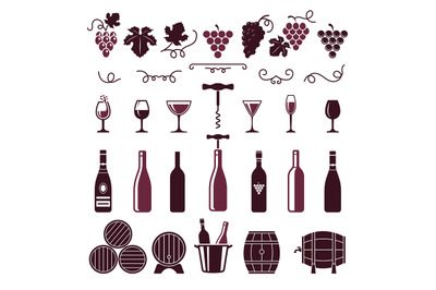 Wine symbols. Grape leaves vine tendrils bottles barrels corkscrew vec