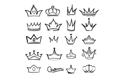 Crown doodles. King majestic imperial monarch elegant symbols in hand