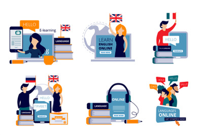 Language courses. Vector characters study different languages english