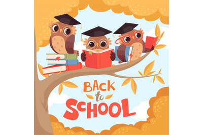 Owl in branch. Back to school september autumn concept background with