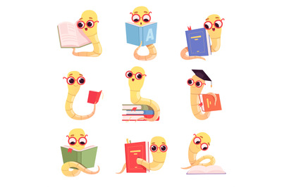 Bookworm characters. Worms kids reading books school little baby anima