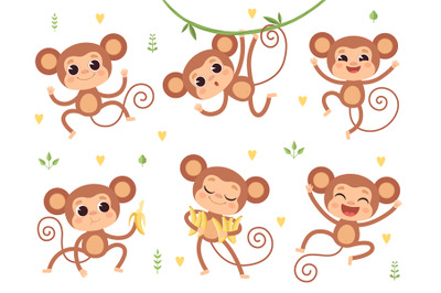 Cute monkeys. Jungle wild animals baby little monkeys playing vector c