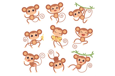 Baby monkey. Wild cartoon animals playing and eating banana vector cha