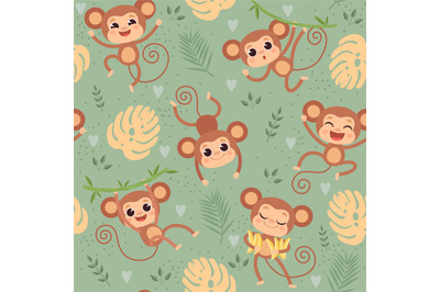 Monkey pattern. Wild little animals chimpanzee playing on jungle tree