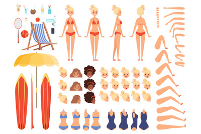 Summer characters. Faces female human body parts summer swimsuit touri