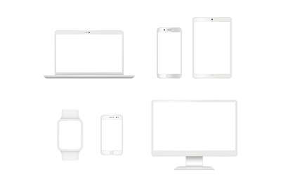 Computer devices mockup. Smartphone laptop tablet monitor display vect