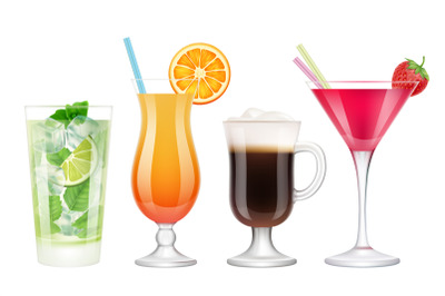 Summer cocktails realistic. Alcoholic drinks in glasses with ice tropi