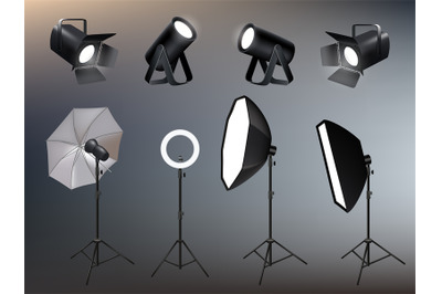 Photo studio accessories. Spotlights softboxes and glow and vivid back