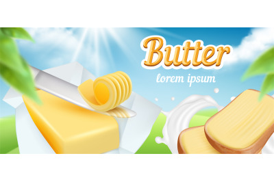 Butter. Advertizing package of daily breakfast food creamy milk butter