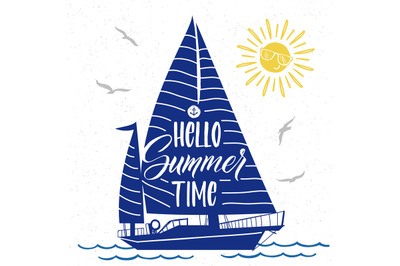 Cute vector summer poster with boat silhouette&2C; sun&2C; birds and letteri