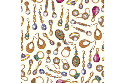 Jewelry seamless pattern. Vector earrings and rings background