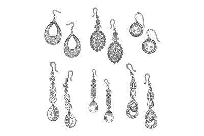 Hand drawn earrings set - vector jewelry isolated on white background