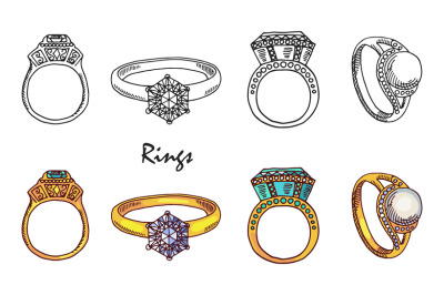 Hand drawn vector jewelry rings with crystalls isolated on white backg