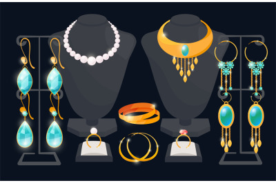 Jewelry shop window vector concept. Earrings and necklace