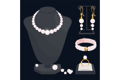 Pearl jewerly vector collection - necklace, earrings, ring and bracele